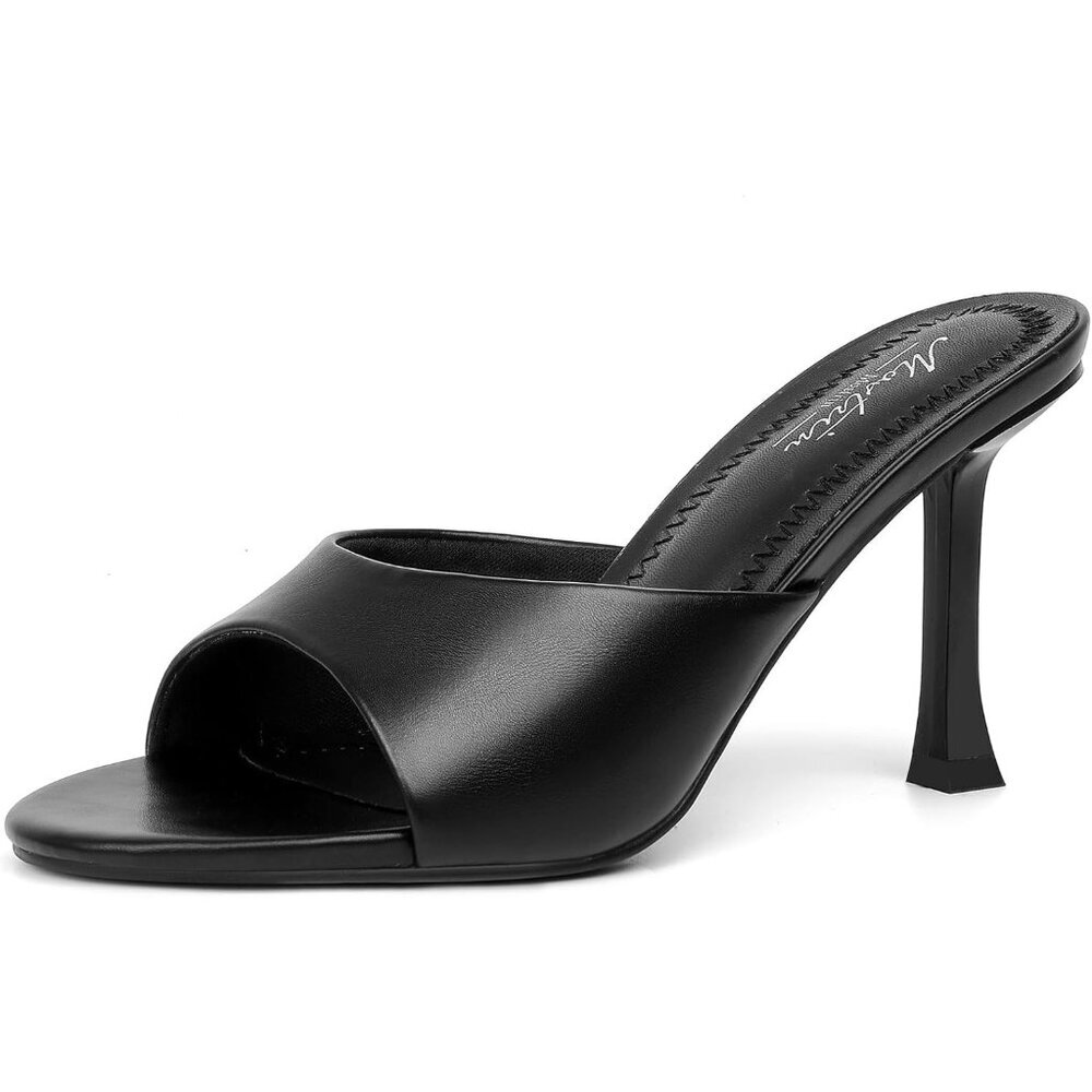 Women's Black PU Round Toe Heels With Bow Vintage Mules Sexy Slip on Stiletto